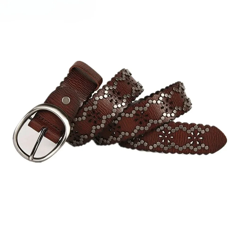 Brown New Design Metal Cowskin Women Belt Rivet Pin Buckle Punk Rock Genuine Leather Coffee Hollow Out Holes Waist Belts Brand