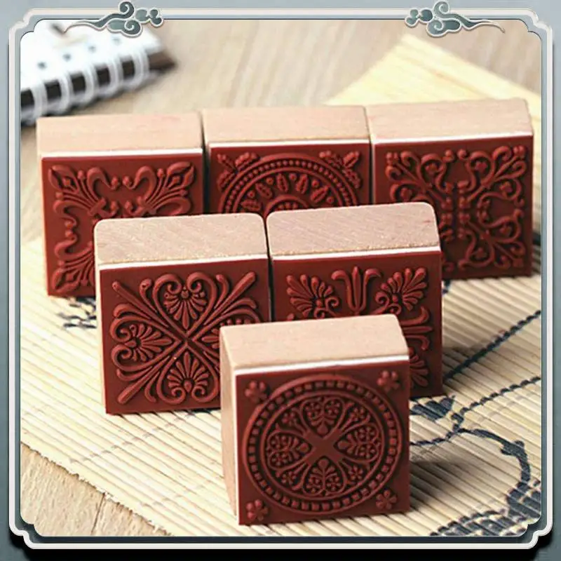 ABIJ-24Pcs Wooden Stamps Floral Pattern Circles And Squares Decorative Rubber Wooden For DIY Craft Card And Scrapbooking