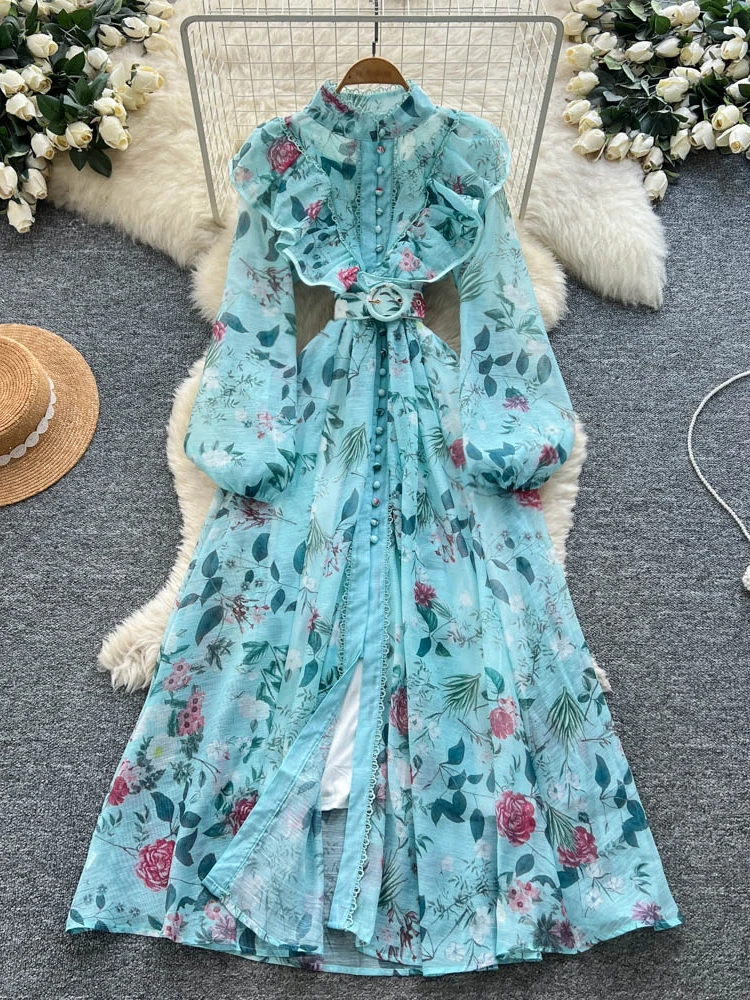 Ele Aosphere feminino Dr luxo com cinto cintura estampada saia longa cintura alta fibra de poliéster verão Ci commute linha A