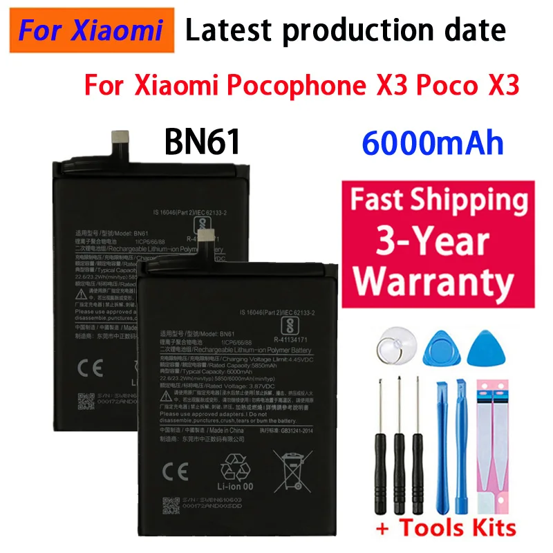 100% Brand New BN61 6000mAh Battery For Xiaomi Pocophone X3 Poco X3 Phone Replacement Batteries