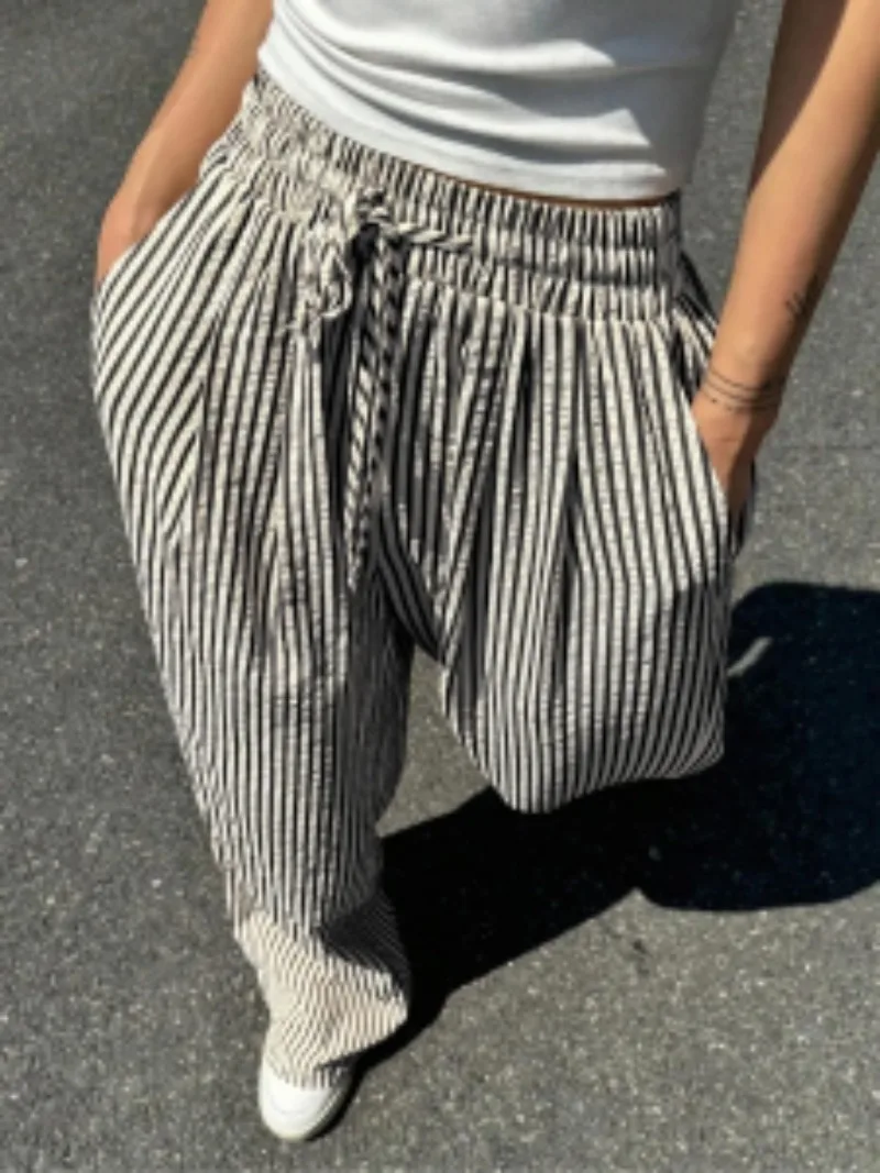 حجم كبير 1XL-5XL المرأة موضة مريحة مخطط الرباط سراويل تقليدية فضفاضة تمتد منتصف الخصر رياضية السراويل