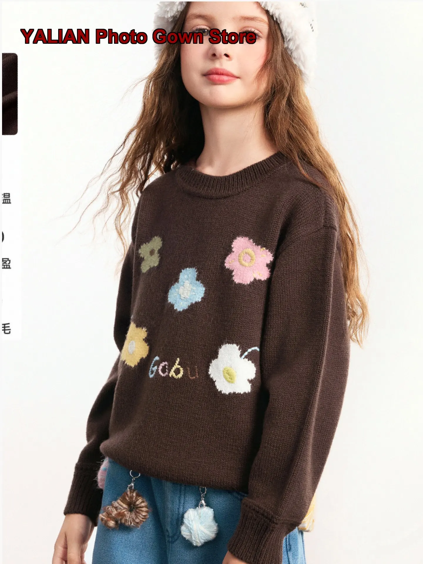 Girls Turtleneck Sweater Kids Autumn Winter Floral Pattern Knit Top Pure Wool Round Neck