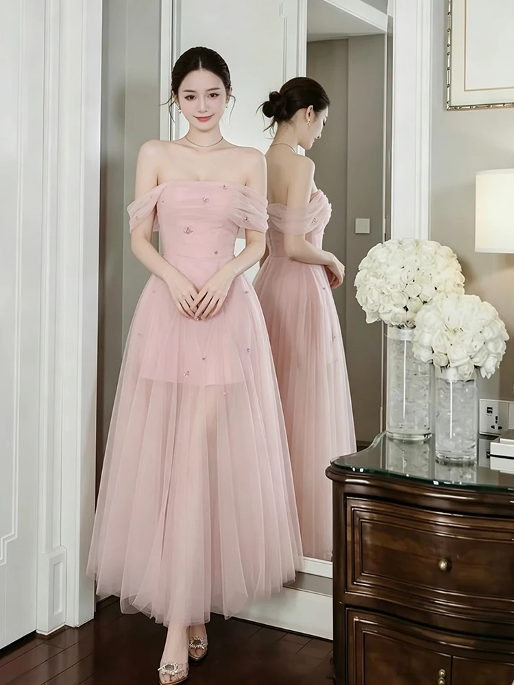 

Pink Sweet Style One Shoulder Dress Women's High-End Sensation Luxury Exquisite Heavy Drill Evening Gown Skirt Elegant Chic
