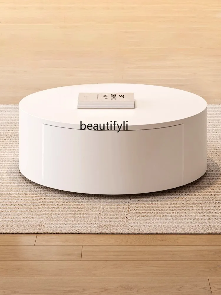 

Nordic White Cream Style Home Living Room Coffee Table Modern Simple round Double-Drawer Solid Wood Multi-Layer Tea Table