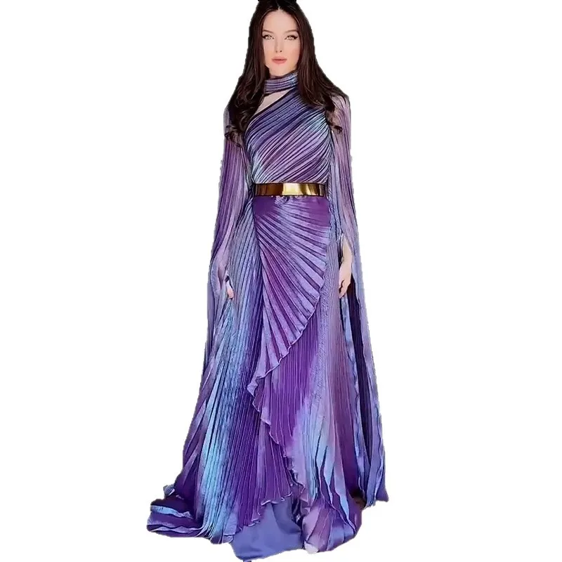 Ele Long Sve Long Dr mit oulder awl High Waist Belt Slit High Quali Women's Faion Summer Dr