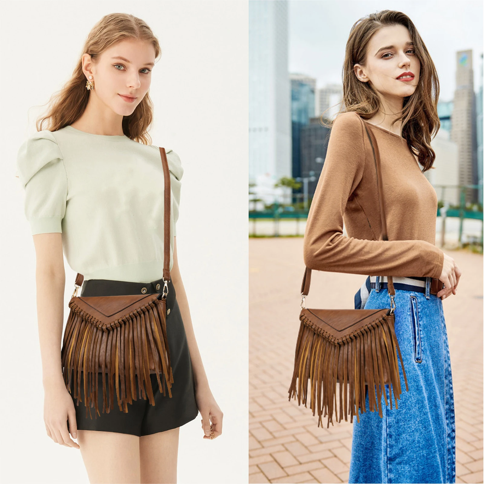 Boho Style Tassel Crossbody Bag Vintage Western Shoulder Bag Casual Fringe Messenger Bag For Women