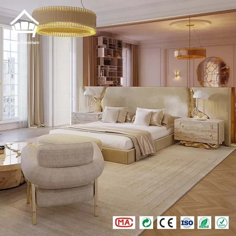 Queen Size Upholstered Bed Frame Master Bedroom Furniture Set With Nightstand Dresser Side Cabinet Elegant Home Decor