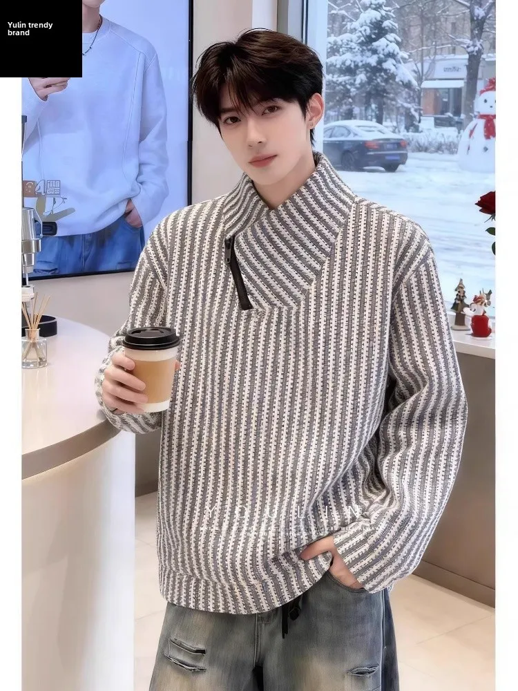 

Мужская зимняя толстовка American Fibone Pattern с высоким воротником, длинными рукавами, полосатым V-образным вырезом и теплым верхом