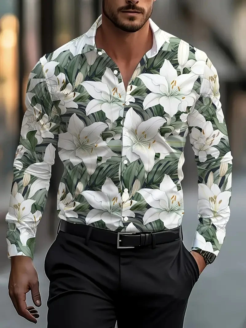 2025 Luxury Men's Floral Print Button Down Shirt Autumn Slim Fit Long Sleeve Collared Shirt Plus Size Men's Lapel Blouse Clothes