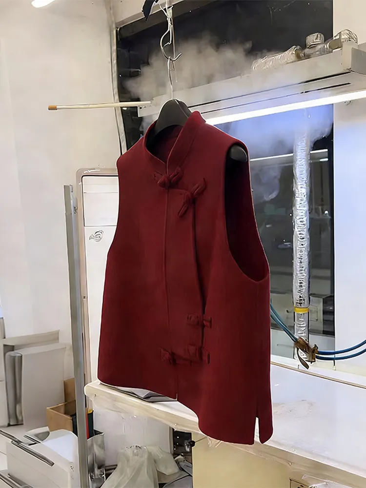 

Elegant Chinese Style Women's Vest Sleeveless round Neck Red Button Winter Fashion High Waist Straight Cut Commute Winter Thi...