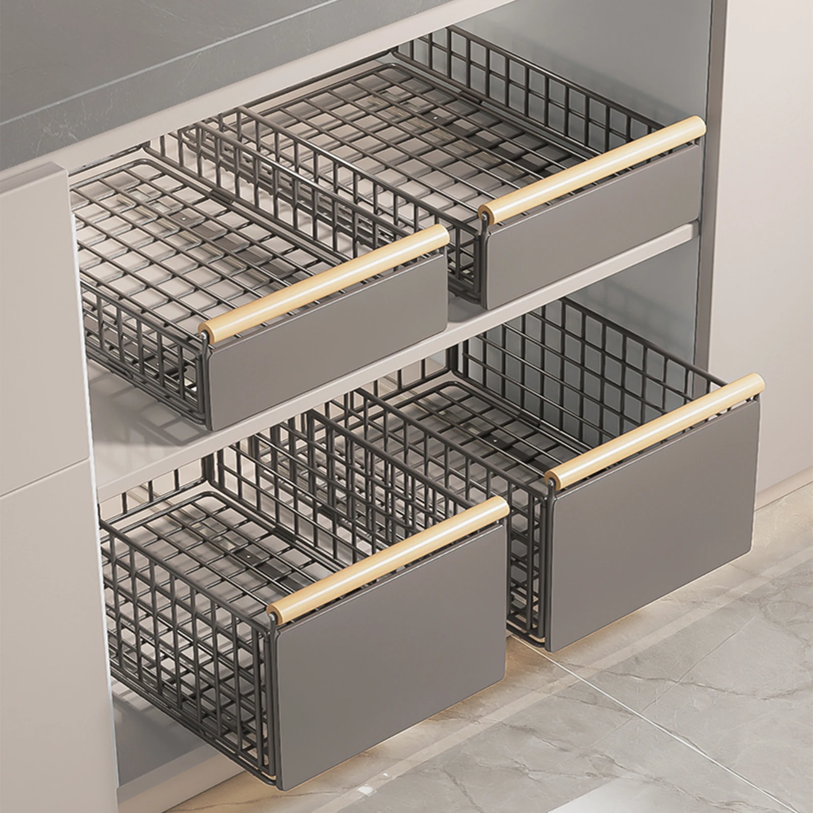 1pc Kitchen Pull-out storage rack Cabinet Sliding storage basket Foldable Easy installation Grey