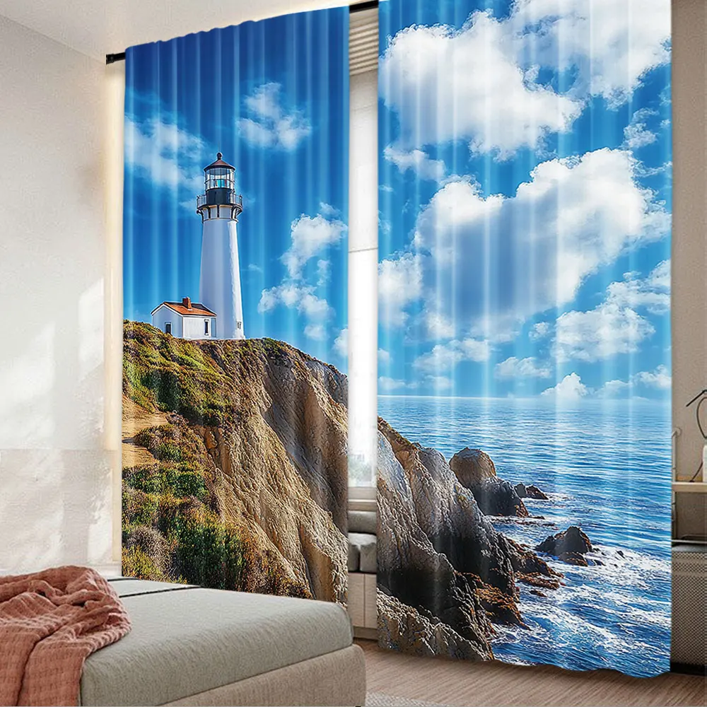 2Pcs Lighthouse Curtain California City Point Lighthouse In Cabrillo Coastal For Bedroom Living Room And Dining Room A