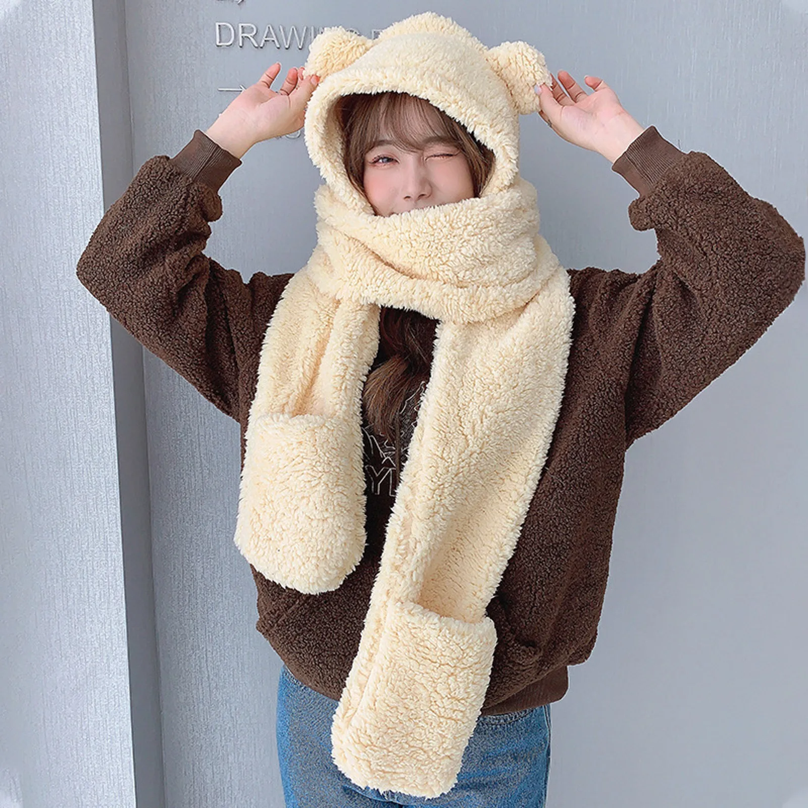 Hat Scarf Gloves Women Cute Cartoon Thick Hat Ear Protectors Warm Plush Hat Thickened Cute Little Bear Plush Hat Windproof Ear