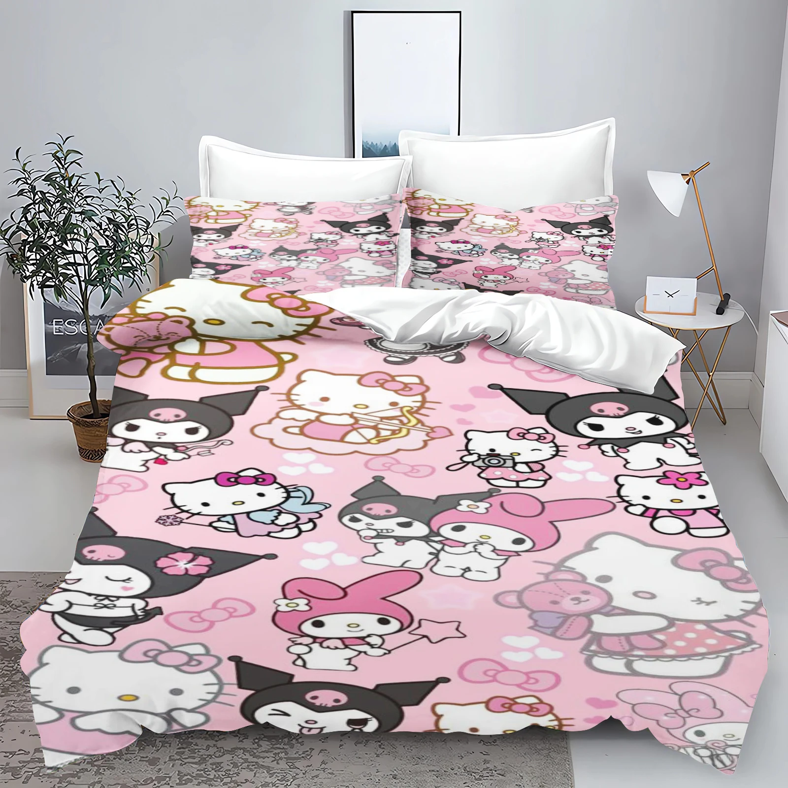 Juego de ropa de cama de Hello Kitty para niños, juego de edredón, funda de edredón, tamaño King, Queen, Twin, 3D, 3 piezas, 1 funda de edredón