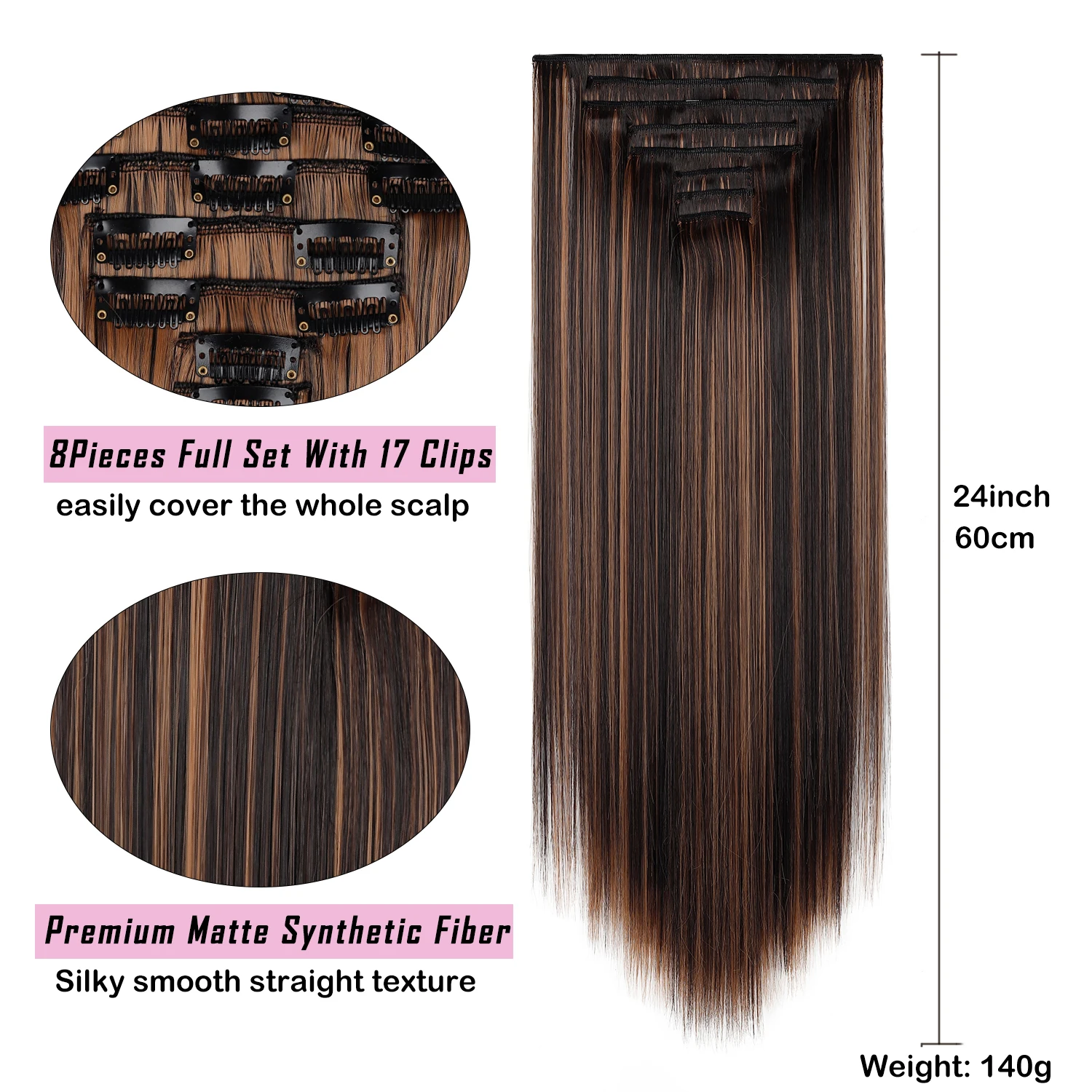 8pcs/set Long Straight Matte Synthetic Clip-In Hair Extensions Full Head Extension Hairpieces for Women