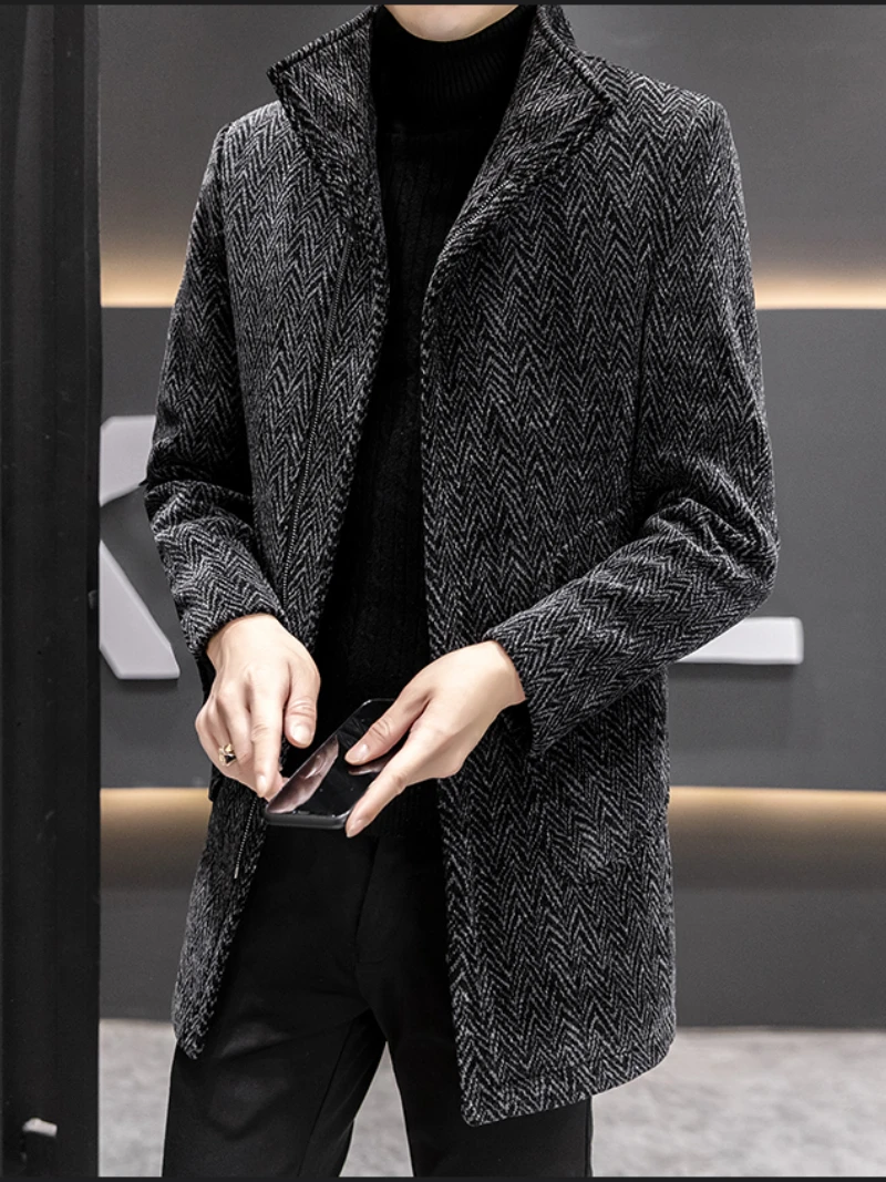 Koreańskie wełniane kurtki średniej długości Mężczyźni Wszechstronny Casual Business Trencz Slim Gruby Ciepły Streetwear Wiatrówka Płaszcz — zdjęcie 6