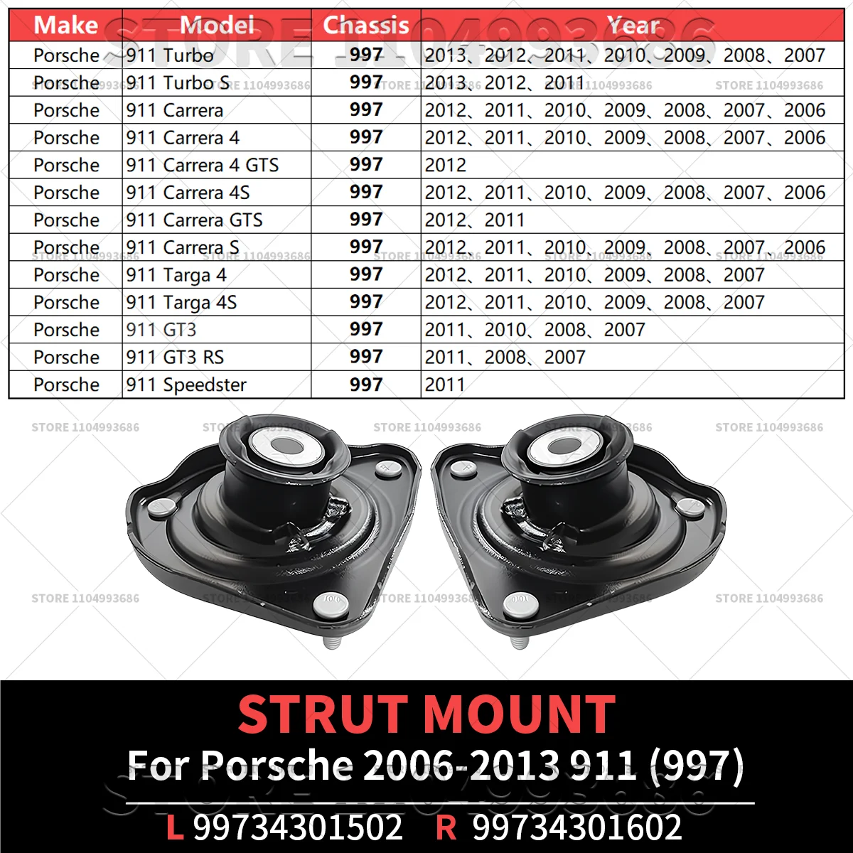 For 2006-2013 Porsche 911 (997) Shock Mount L And R OEM 99734301502 99734301602 99734301501 99734301601 99734301500 99734301600