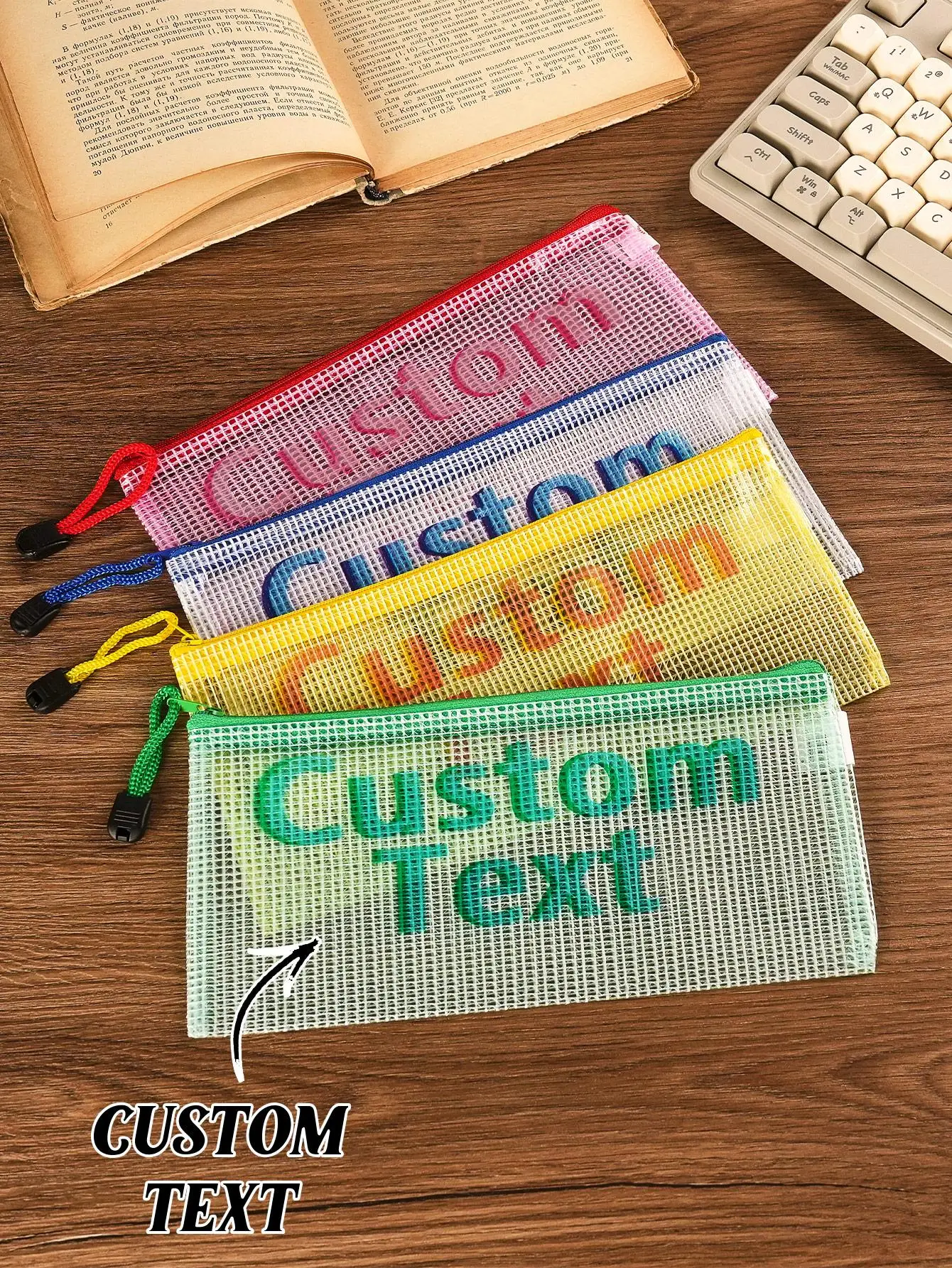 1pc Custom Name Mesh Zipper Pencil Case Personalized Text Pen Bag Teacher Gift School Office Storage Pouch