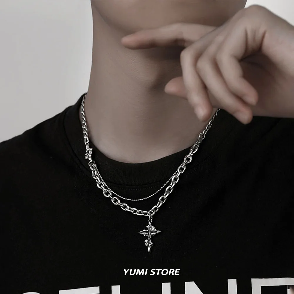 Punk Black Flame Cross Necklace For Men Women Trend Titanium Steel Chain Sweater Pendant Hip Hop Jewelry Cool Kpop Accessories