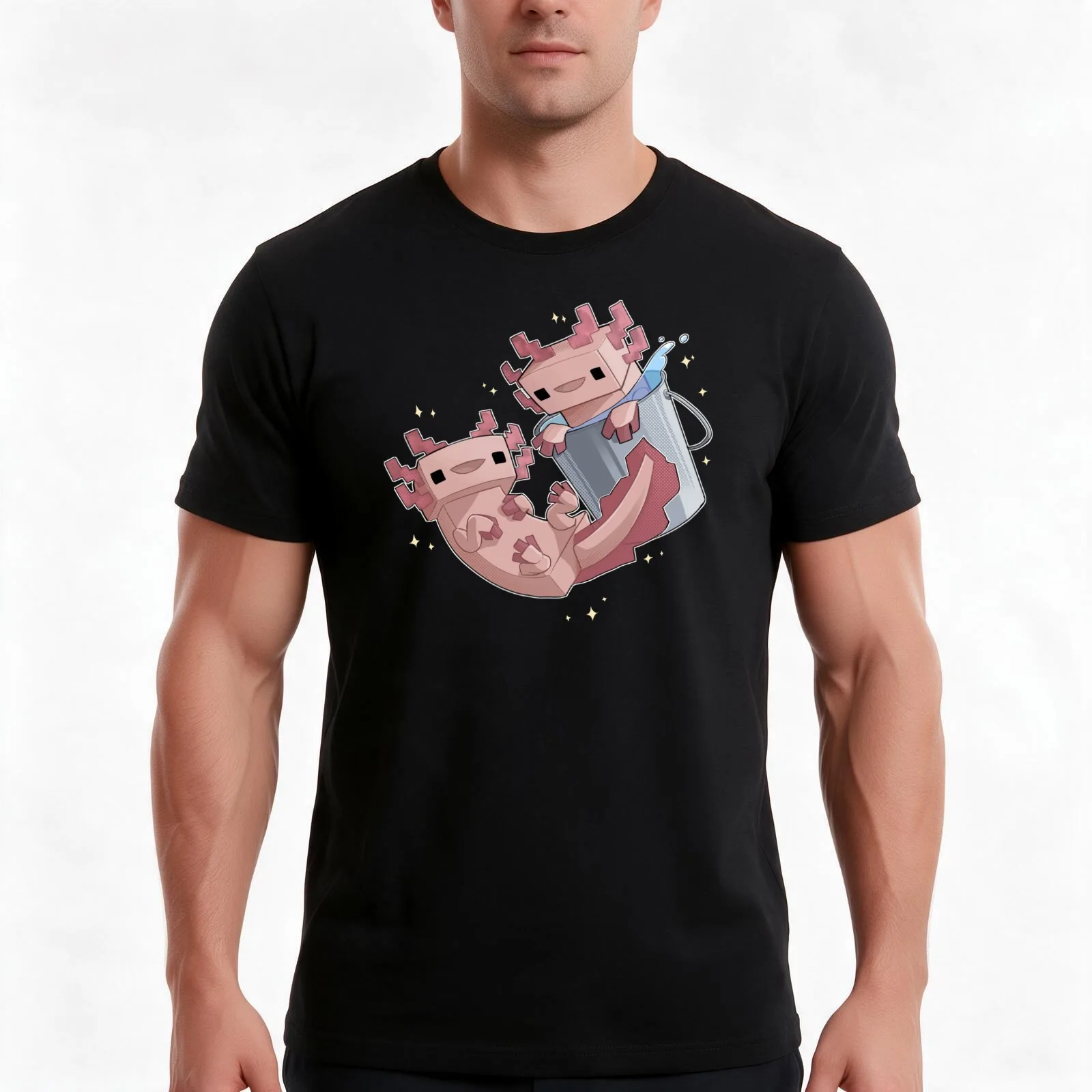 Block Axolotls T-Shirt, Summer Casual Cotton Tee, Oversized Streetwear Tops, Vintage Graphic Print, Loose Fit Short Sleeve