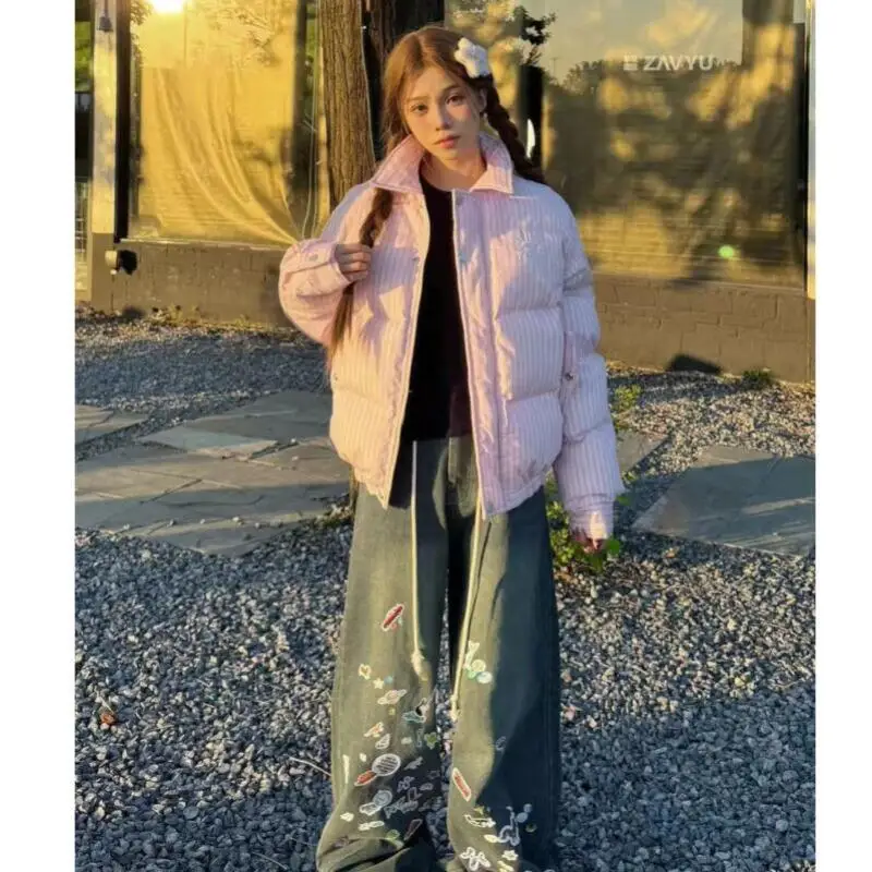 سترة نسائية شتوية مبطنة بالقطن بخطوط عمودية وردية النسخة الكورية للفتيات الطالبات سترة منتفخة دافئة معطف علوي #6