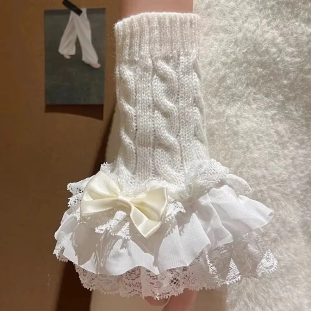 1 pair Lace Ruffle Hand Sleeves Mittens Detachable Fingerless Style Arm Warmers Gloves Knitted Stretchy Knitted Cuff Winter Wear