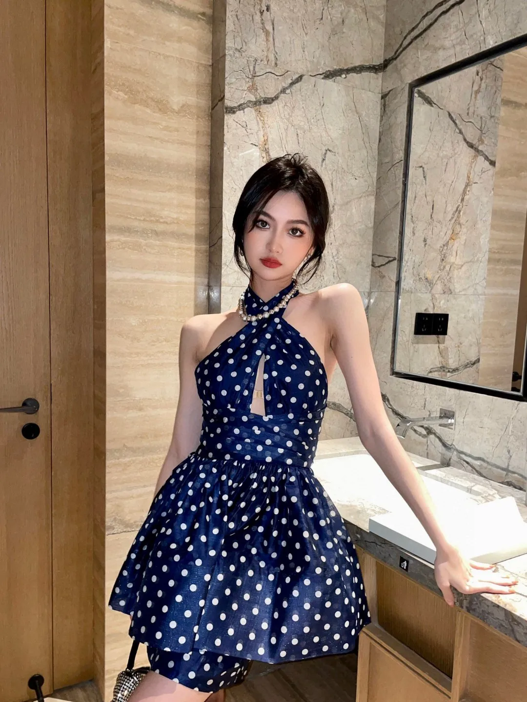 2024 Summer New Women's Wear Retro Dots Backless Bow Ribbon Dress