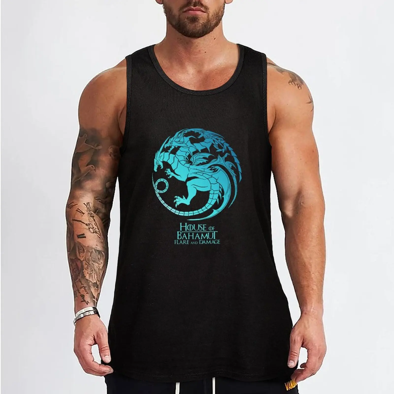 House of Bahamut. Flare and Damage (grey turquoise). Tank Top running shirt underwear summer clothes men 2024