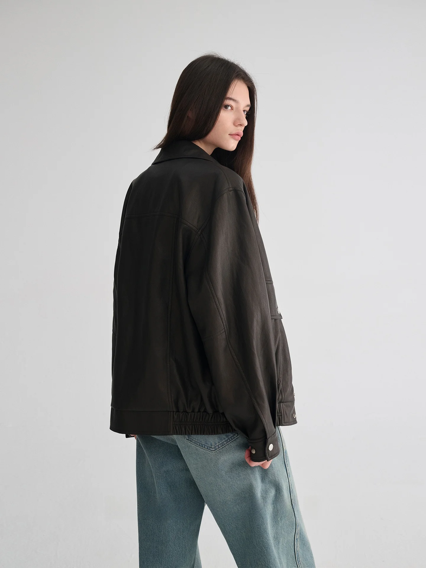 メゾン セシール レトロ スリ ルーズ プロテイン レザー ジャケット レディース カジュアル ファッション アウターウェア 亜鉛合金ジッパー留め コットン...