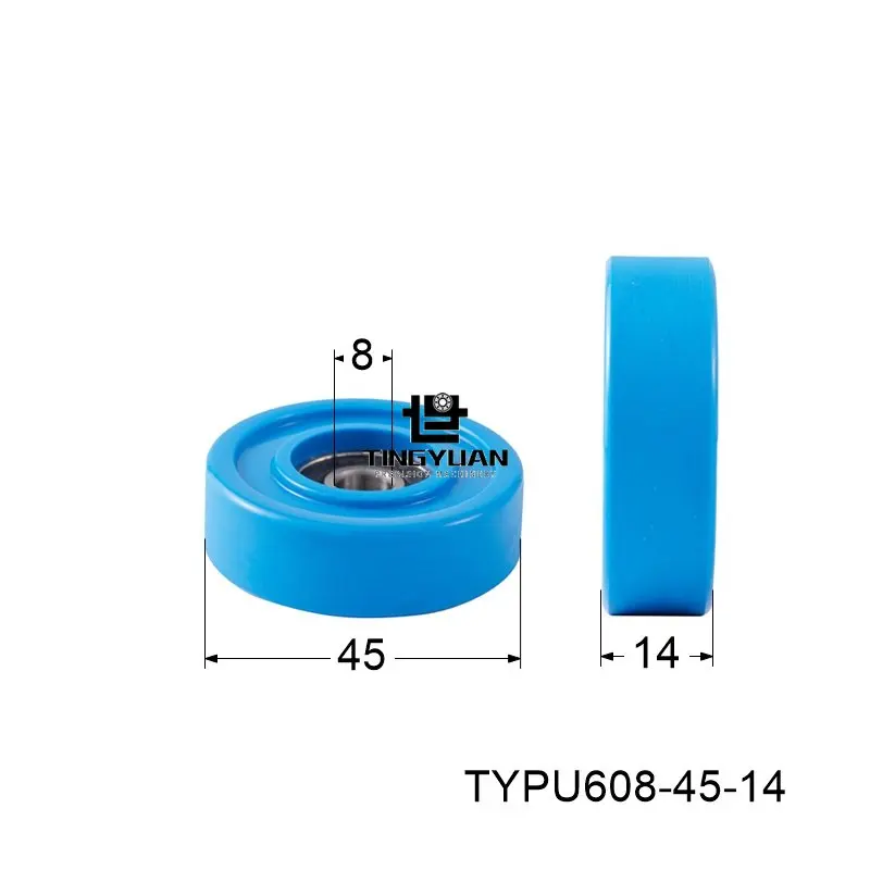 Polyurethane Roller TYPU608-45-14mm  Flat Type ID8 OD45 TPU 1pcs  Blue Wheel Roller Pulley With 304 Screws  Guide Wheel