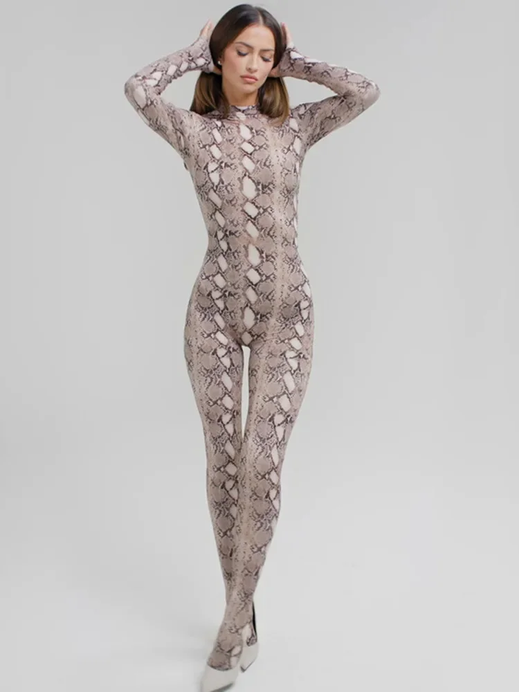 

Serpentine Print Sexy Jumpsuit Women Rompers Autumn Winter Fashion O Neck Long Sleeve High Waist Skinny Jumpsuit Female