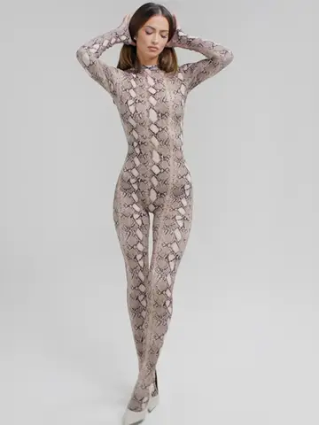 Serpentine Print Sexy Jumpsuit Women Rompers Autumn Winter Fashion O Neck Long Sleeve High Waist Skinny Jumpsuit Female