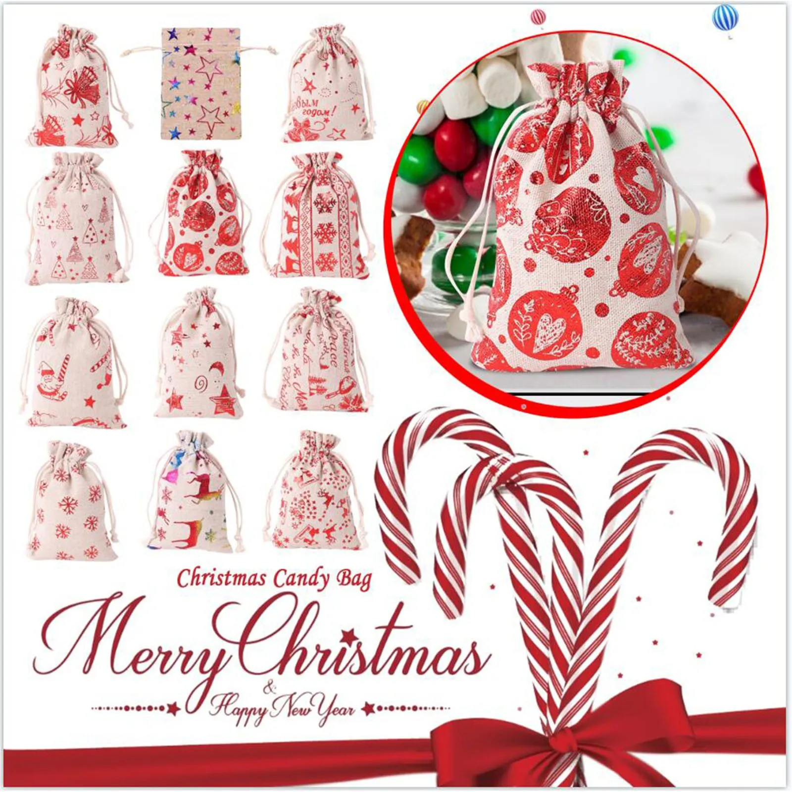 Christmas Pattern Cambric Confectionery Bag Bundle Mouth Cotton And Linen Festival Gift Bag Christmas Bundle Pocket