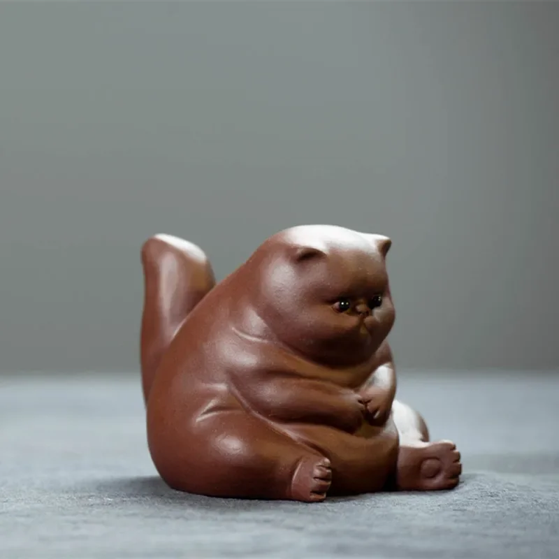 Yixing-Handmade Purple Sand Tea Pet, Fat Cat Sculpture, Handicraft Decoration, Chinese Tea Table