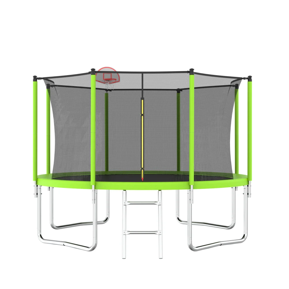 12ft Kids and Adults Green Trampoline with Basketball Hoop and Ball with Safety Fence Trampoline for Kids  Trampoline