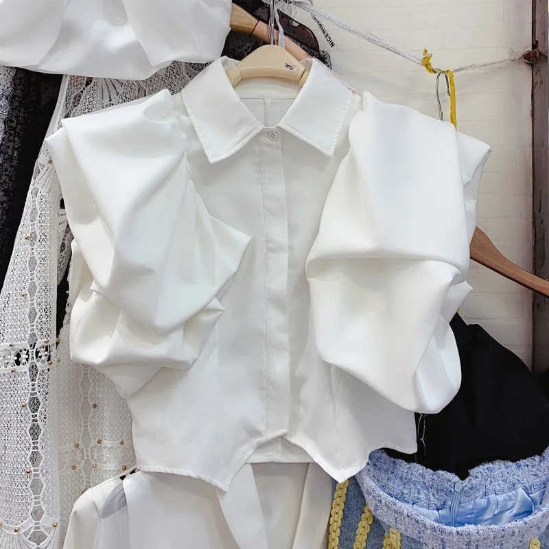 

Shirts & Blouses White All-match Shirt Women Lapel Neck Single Breasted Blouses Simple Sleeveless Loose Blusas De Mujer