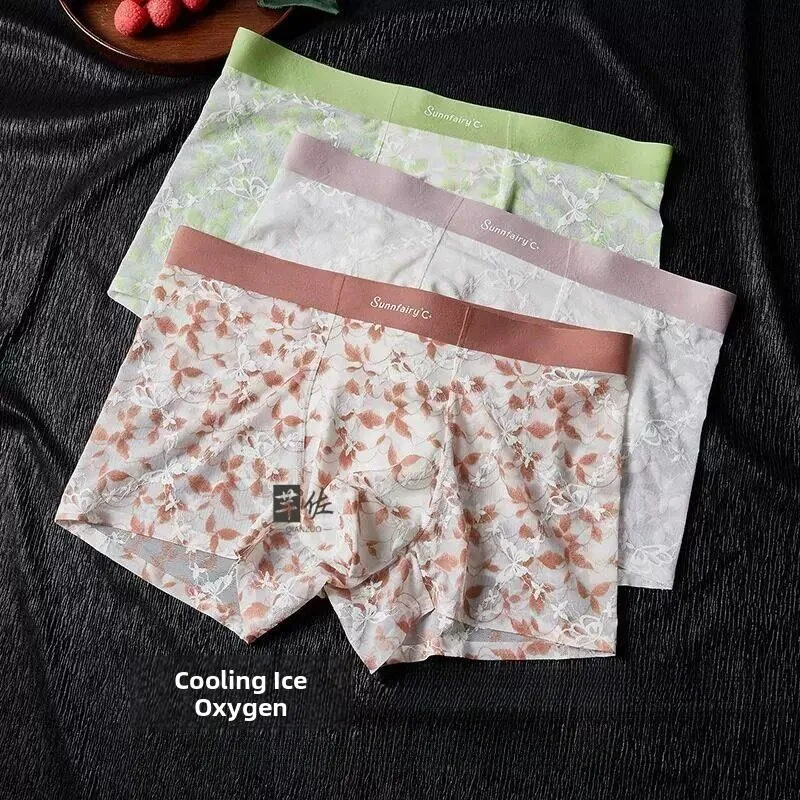 Men's Summer Underwear Ice Silk Comfortable Breathable Lace Thin Mesh Trendy Flat Angle Briefs Short Pants Innerwear Boxer ...