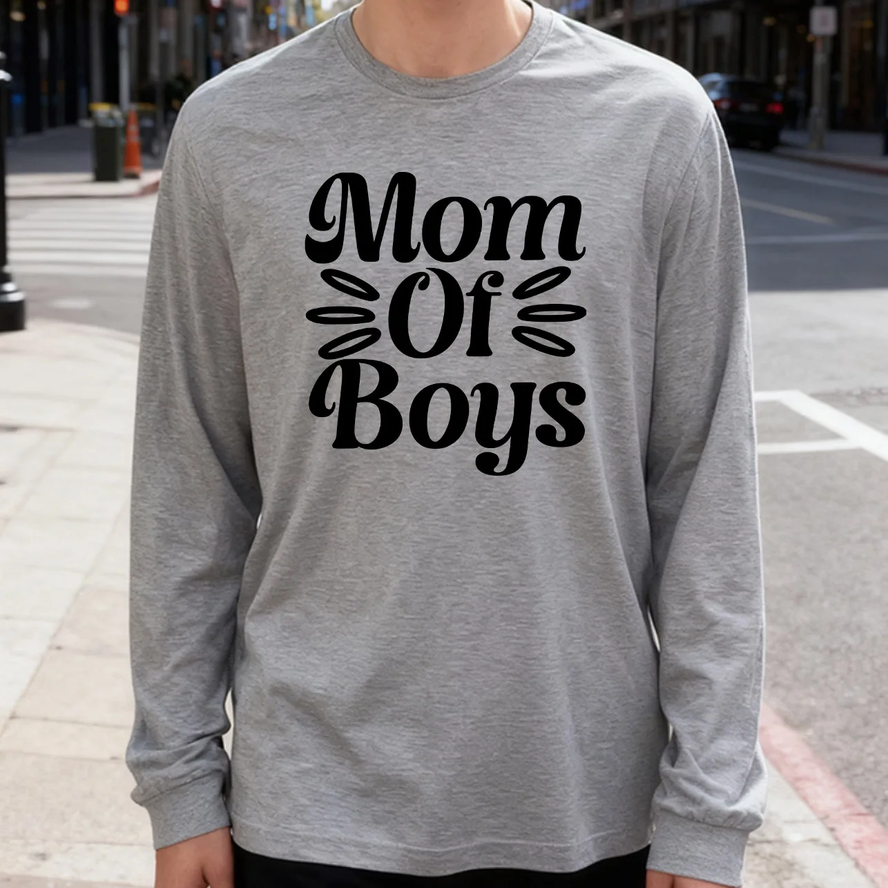 Mom of Boys Men's Long Sleeve T-Shirt 180g 100% Cotton Printed Crew Neck Casual Daily Wear Soft and Breathable