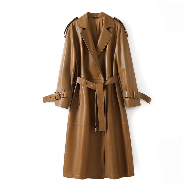 Stilvoller Damen-Trenchcoat aus gewachstem Schaffell aus echtem Leder, 2025, Herbstbraun, Raglanärmel, weiblich, langer Trenchcoat mit Schnürung