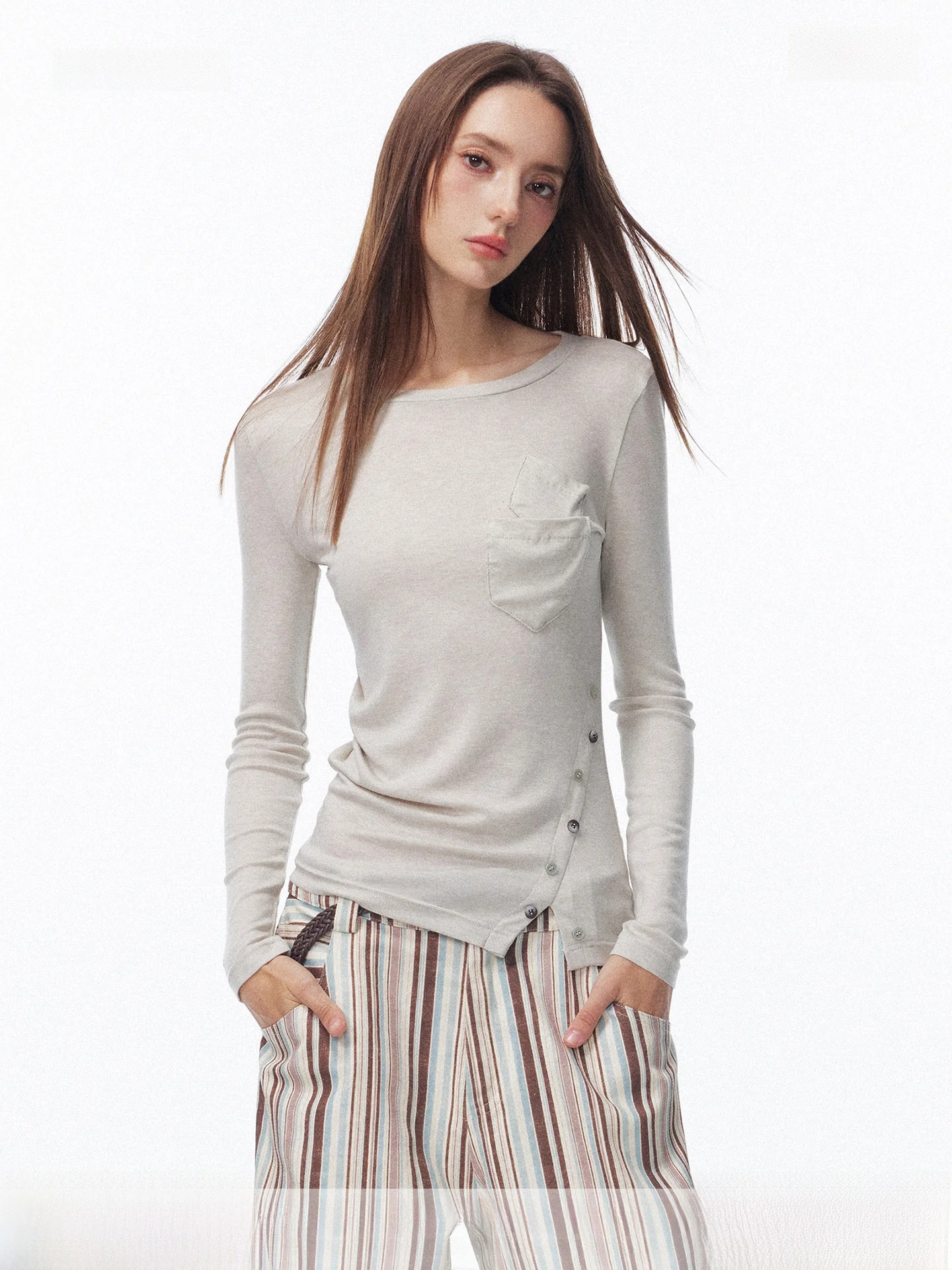 

SEGI Original Design Early Spring New Sle Women's Wool Silk Base irt ket Asymmetrical Hem Split Casual Slim Fit Long S...