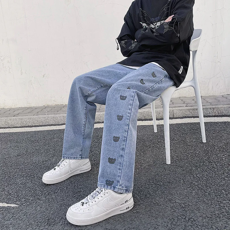 Men's Printed Jeans Fashion Straight Style New Casual Wide Leg Jeans Men's Street Clothes Korean Hip Hop Pants Summer Jeans