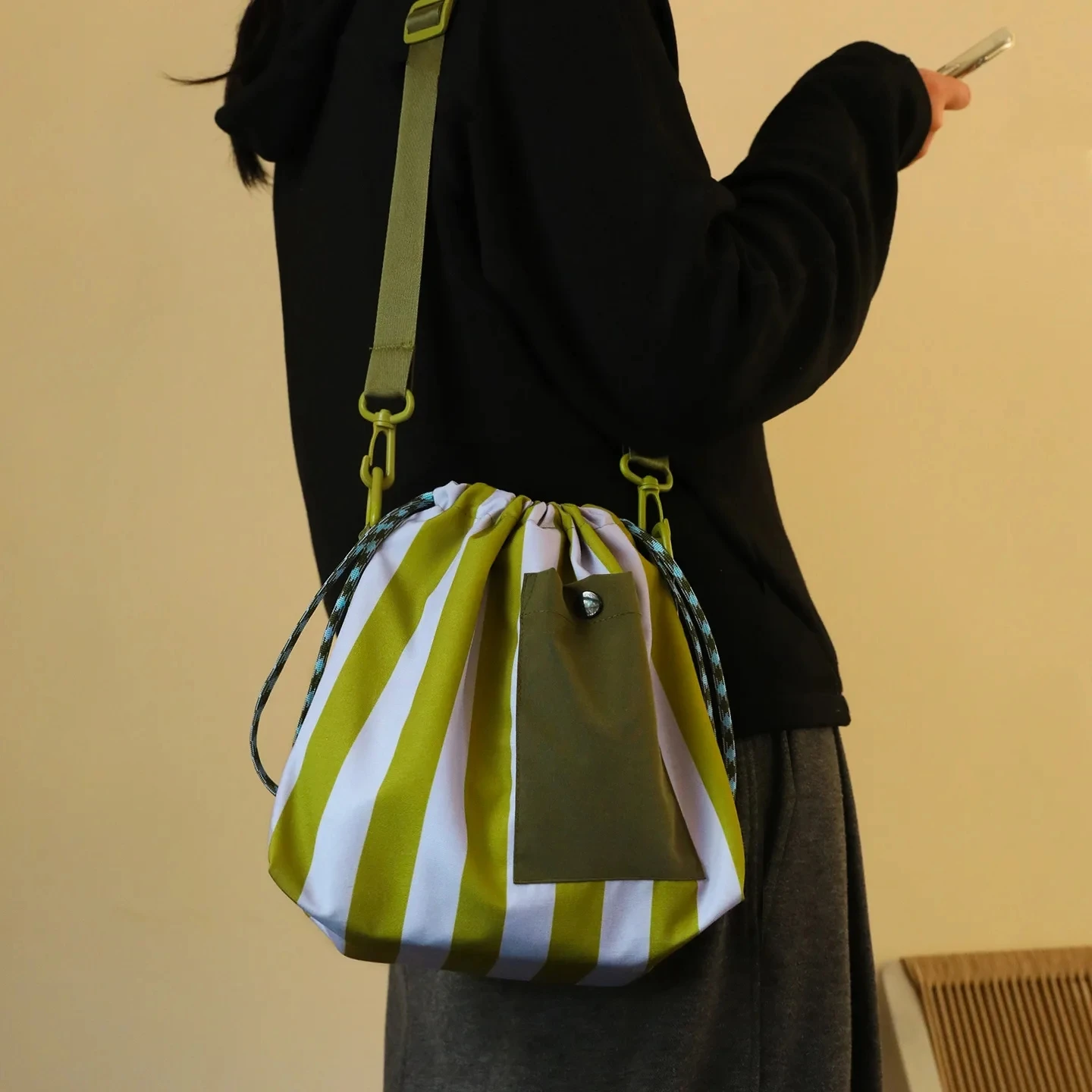 Japanische Umhängetasche mit Kordelzug und verstellbarer, flexibler Schnalle, große Kapazität, gestreifte Lunchbox-Tasche, für Arbeit, Camping, Outdoor