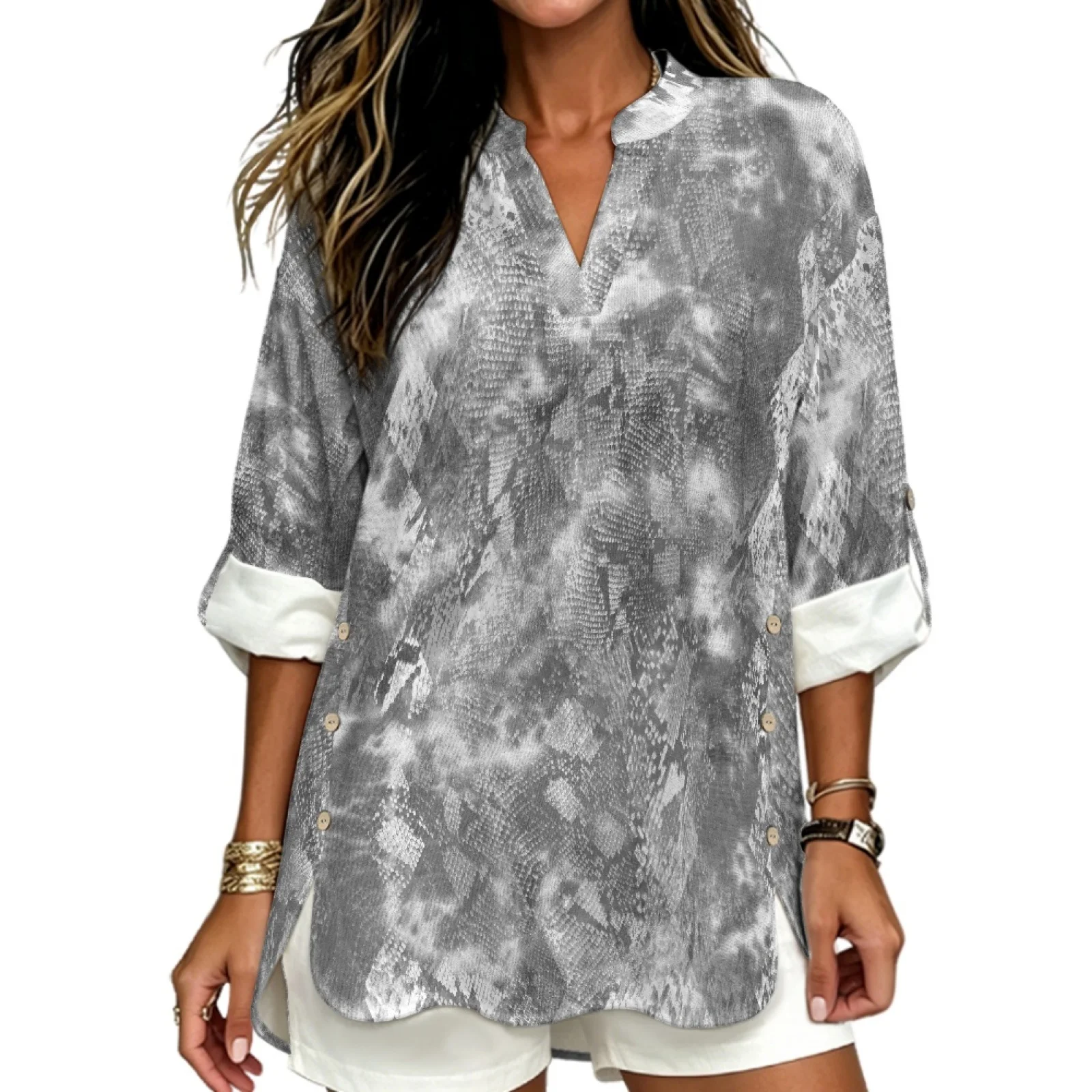 PENSTROLL Gray Marble Mat Linen Like Casual Loose Fit Blouses 3/4 Sleeve Women's Long Sleeve Shirts for Ladies Sizes S-5XL