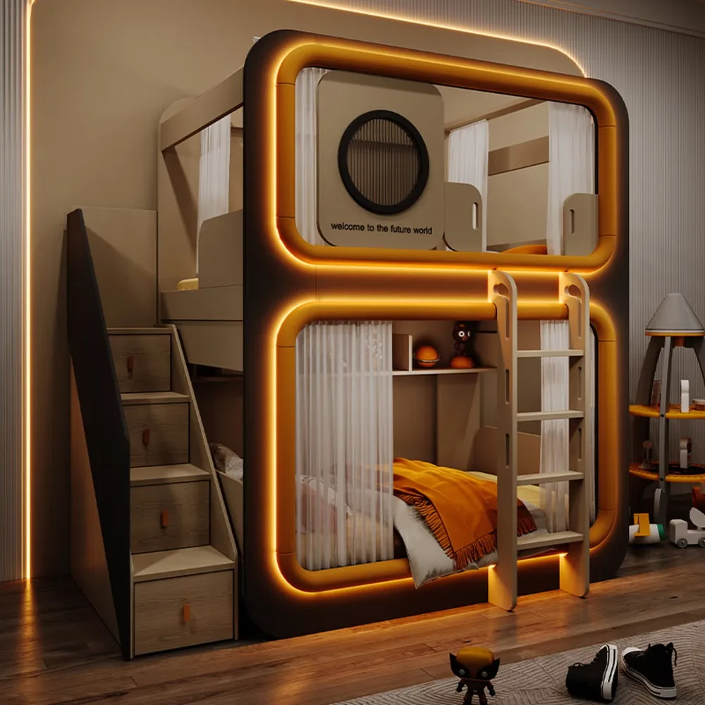 Cama litera con diseño de cápsula, cama alta que ahorra espacio para madre e hijo, litera doble sobre individual para niños, muebles modernos para habitaciones pequeñas