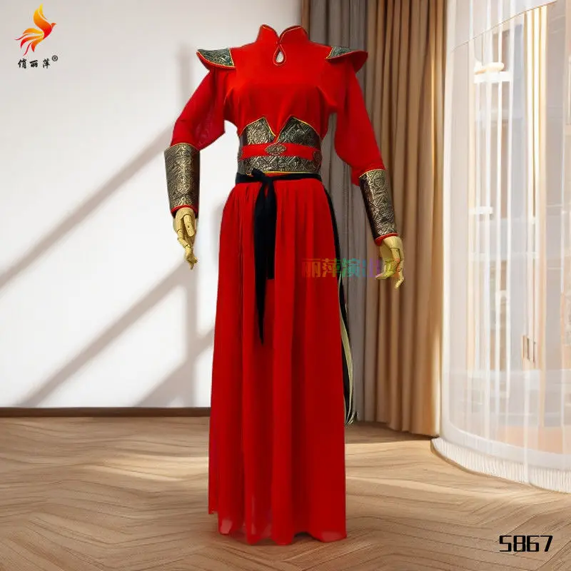 Starożytny Kostium Kobiecego Bohatera Zestaw Występowy Strój Perkusyjny Świąteczny Wspaniały Gong i Bęben Kostium Sceniczny Fan hanfu Sukienka do Tańca