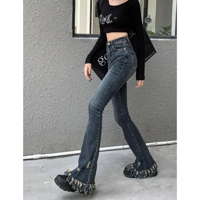 High Waist Raw Edge Jeans Ankle Length Y2k Flare Pants Women Denim Chic Zipper Fly Pantalones Vintage American Streetwear