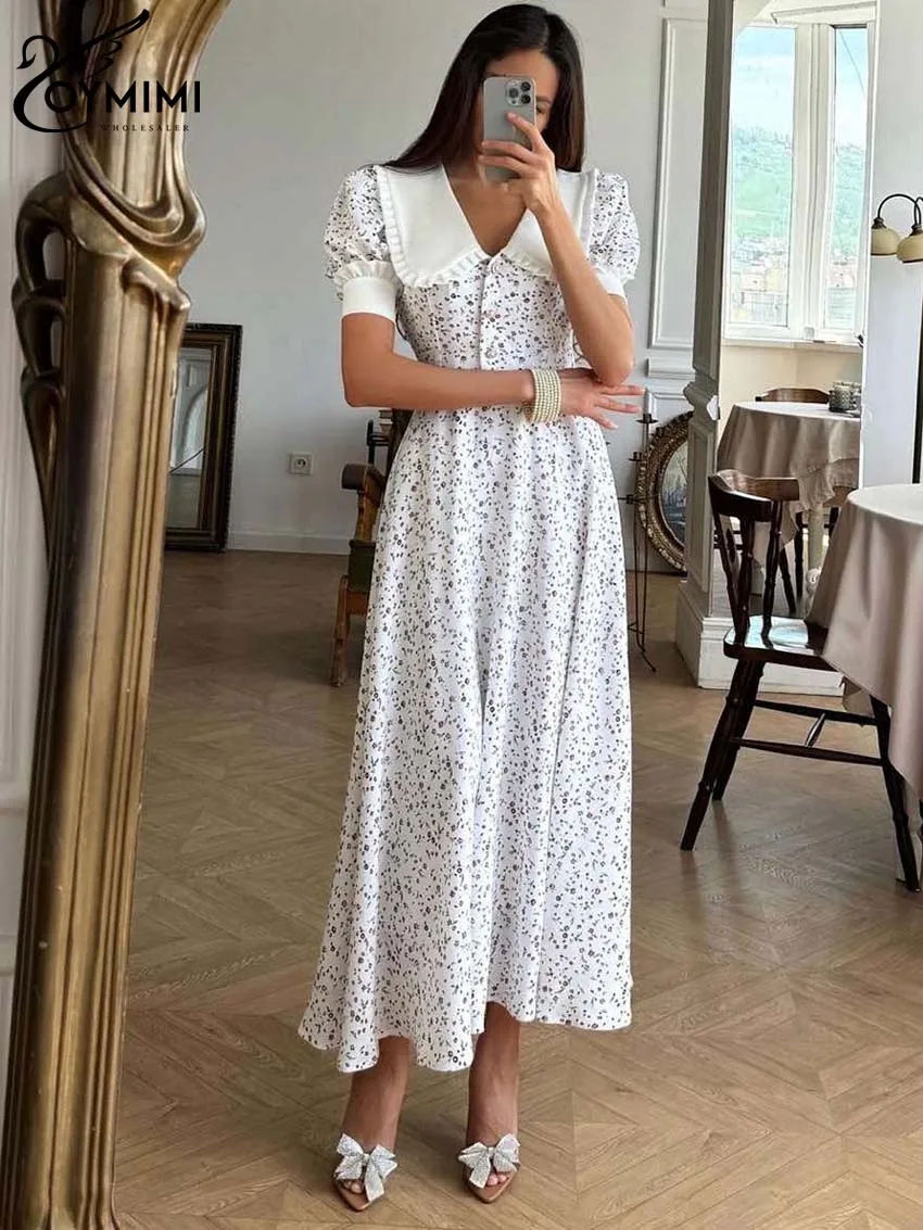 

Oymimi Casual White Print Women's Dress Fashion Peter Pan Collar Short Sleeve Button Dresses Autumn Pleated Ankle-Length Dresses