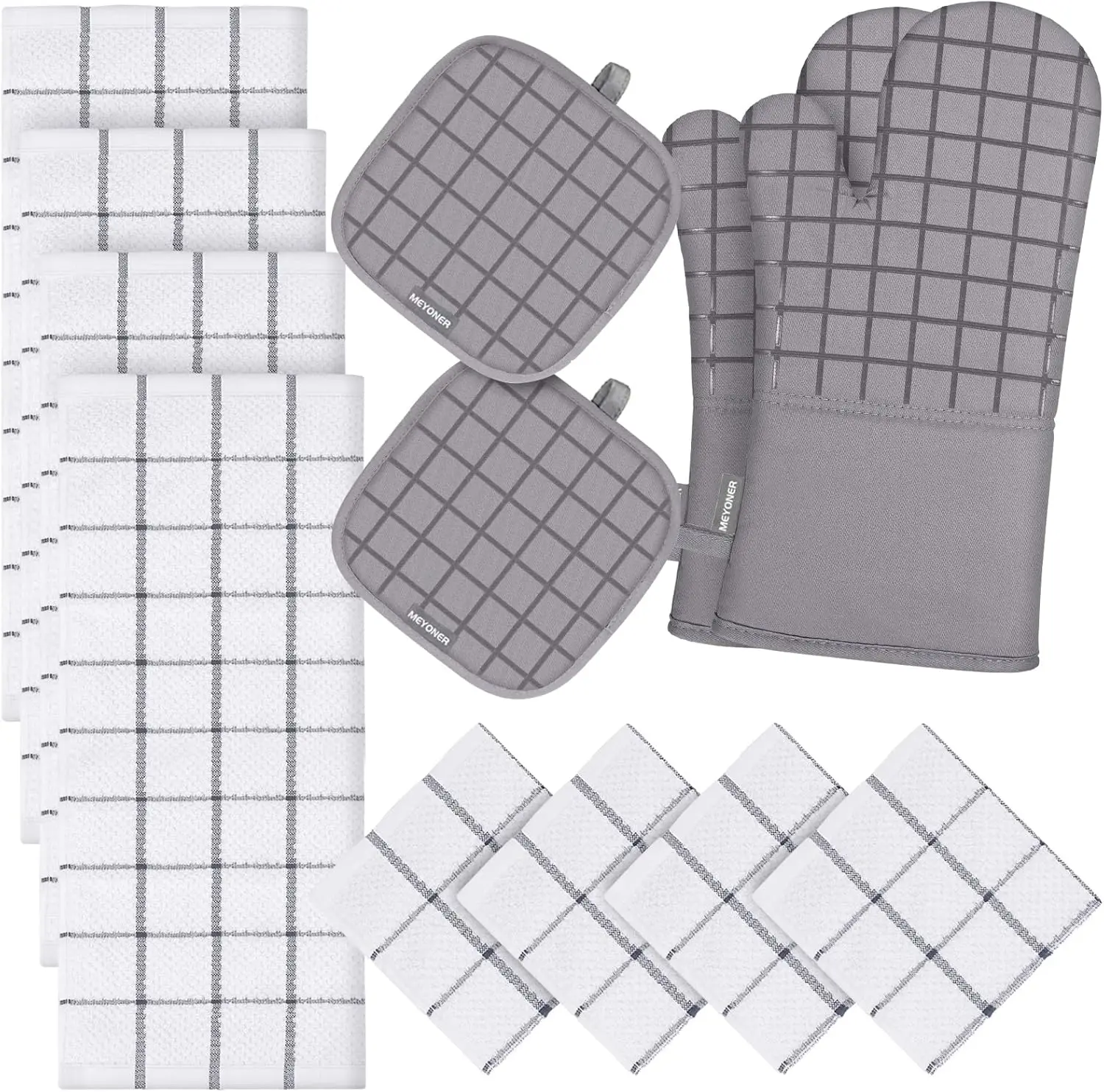 

Heat-Resistant Oven Mitts and Pot Holders Set, Premium Cotton Kitchen Towels with Hanging Loop in Gray