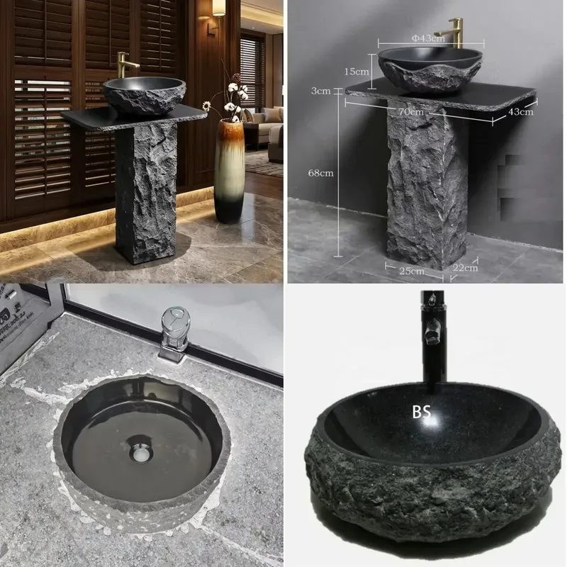 Natural Black Granite Stone Pedestal Sink with Countertop Rustic Rough Surface Bathroom Basin for Courtyard Home Decor