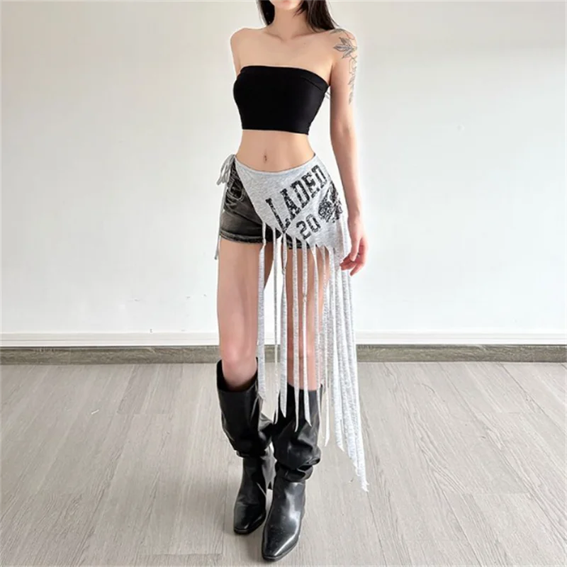

Hot Girl Girdle Accessories High Street Cool Vintage Print Tassel Splicing Fart Curtain female design jazz dance waistband